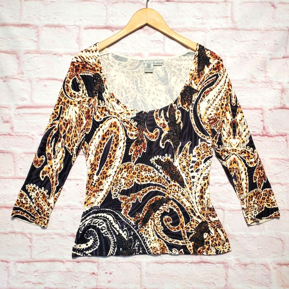 Alberto Makali Shirt Womens Medium Animal Paisley Embellished 3/4 Sleeve Stretch